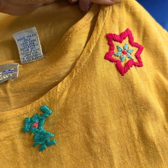 Vintage 80s/90s French Navy Gold/Orange Embroidered Neck & Sleeves Top - Picture 9 of 10